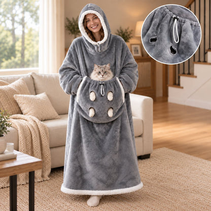 Oversized Sherpa Wearable Blanket Hoodie with Pet Pouch for Cats & Small Pets – Extra-Long Cozy Lounger for Couch, TV & Cold Nights