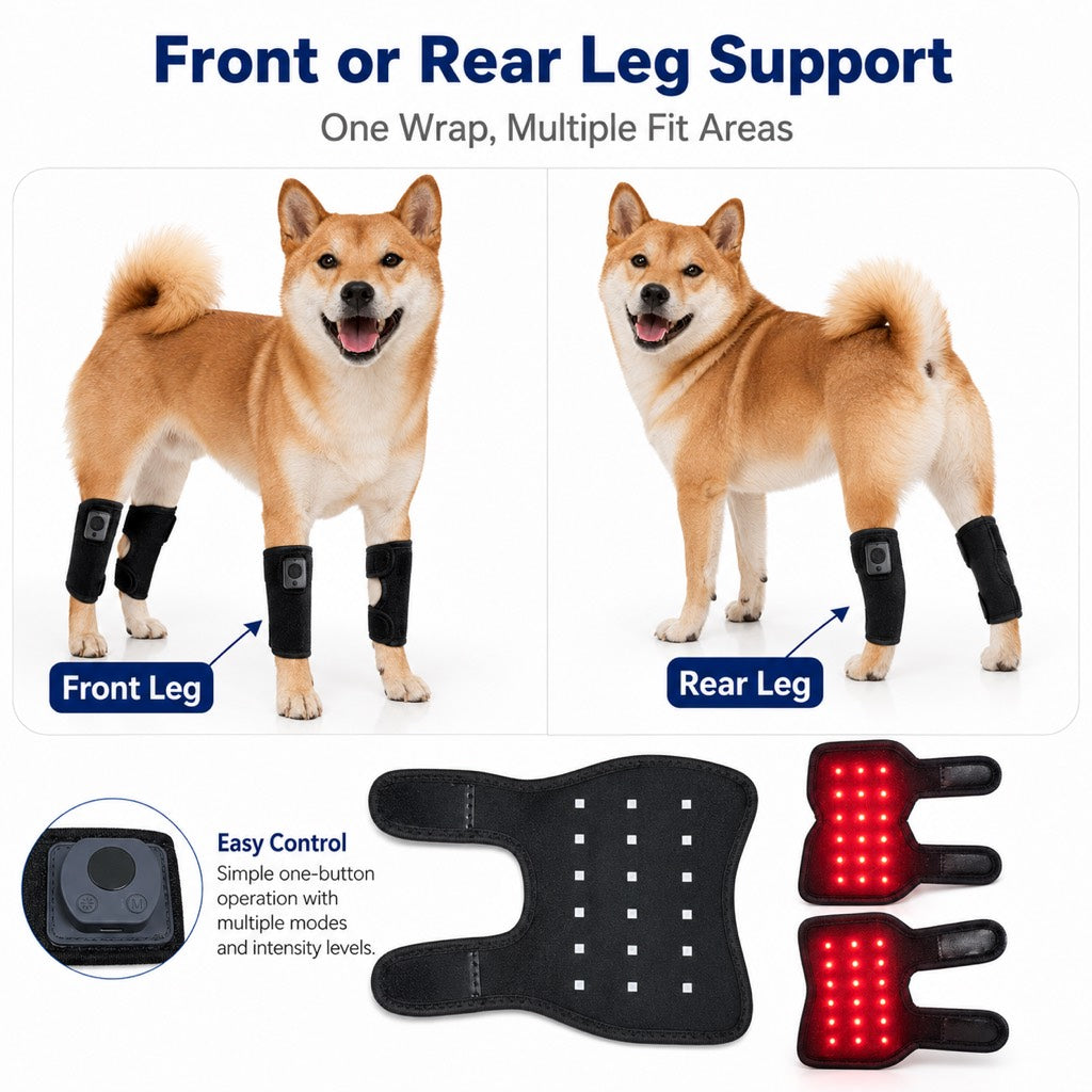 Rechargeable Red Light Therapy Dog Knee Wrap for Senior Dogs - At-Home Leg Comfort Support for Post-Walk Stiffness & Mobility Care
