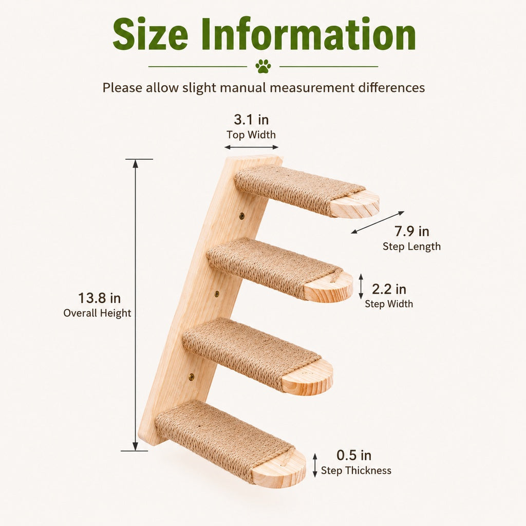 Wall-Mounted Solid Wood Cat Steps for Shelves & Perches - Space-Saving Jute Climbing Ladder