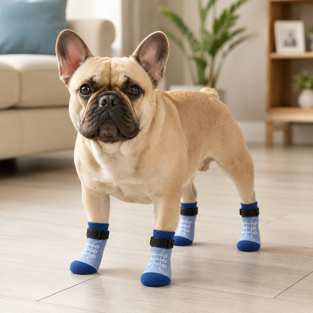 French Bulldog Non-Slip Socks for Tile & Hardwood Floors - Helps Reduce Back-Leg Slipping, 4-Pack