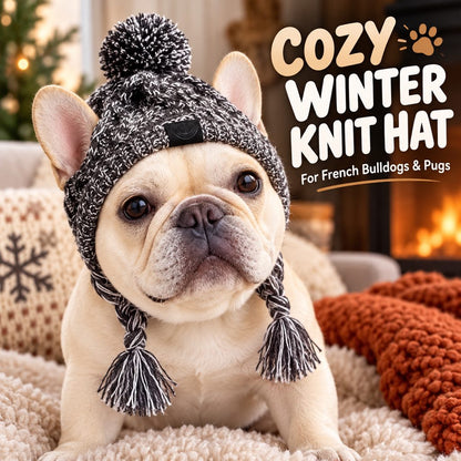 French Bulldog & Pug Winter Knit Hat with Ear Openings for Chilly Walks