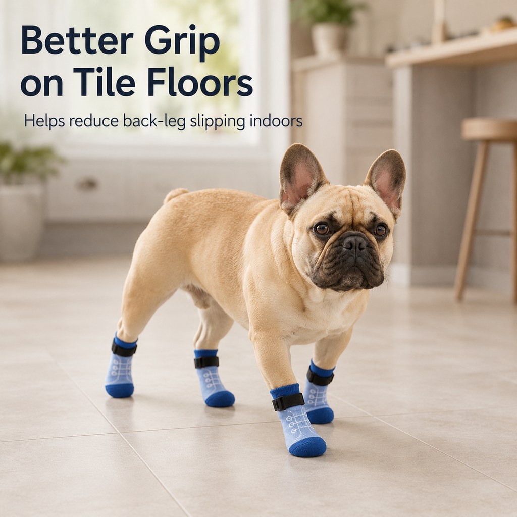 French Bulldog Non-Slip Socks for Tile & Hardwood Floors - Helps Reduce Back-Leg Slipping, 4-Pack
