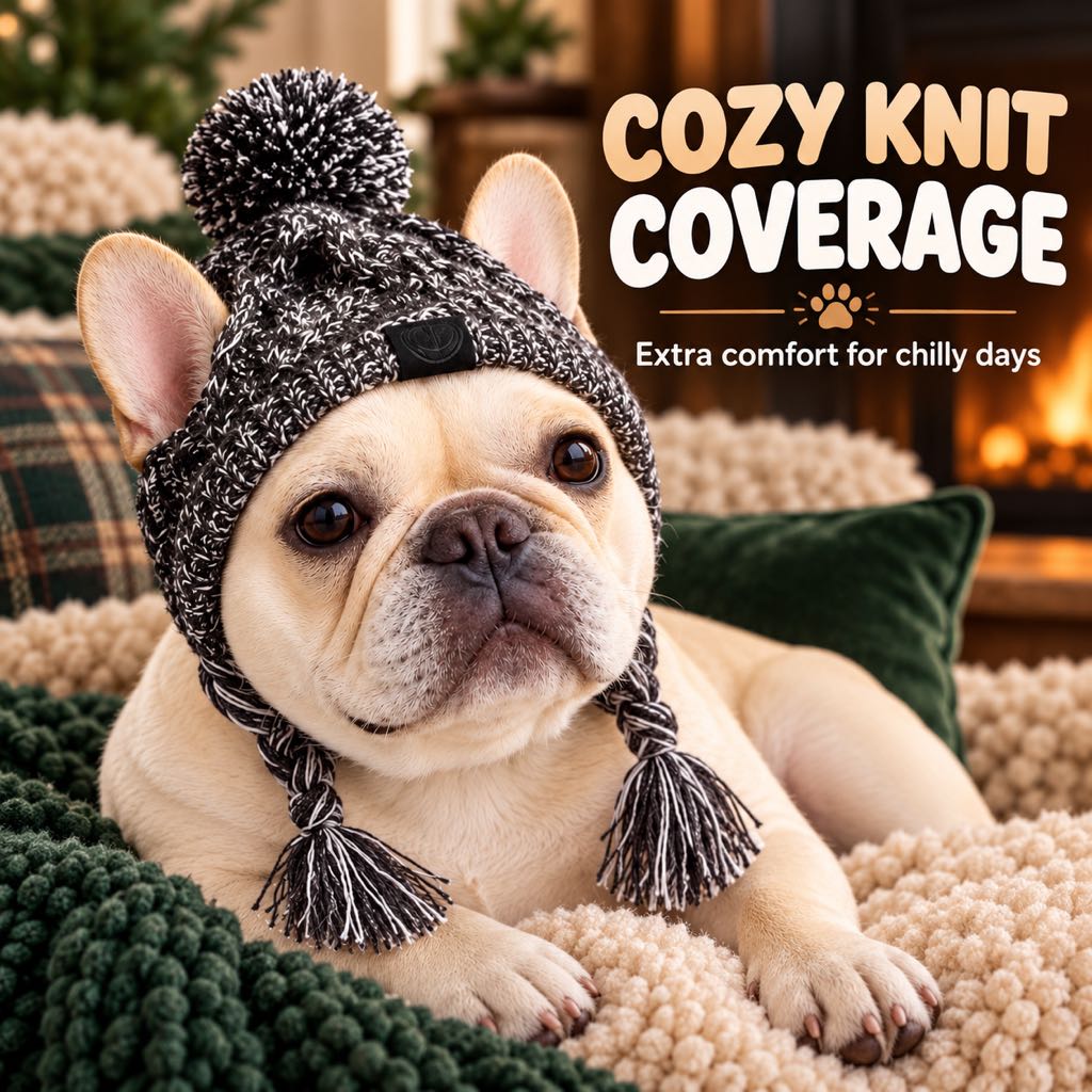 French Bulldog & Pug Winter Knit Hat with Ear Openings for Chilly Walks