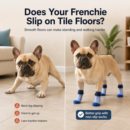 French Bulldog Non-Slip Socks for Tile & Hardwood Floors - Helps Reduce Back-Leg Slipping, 4-Pack