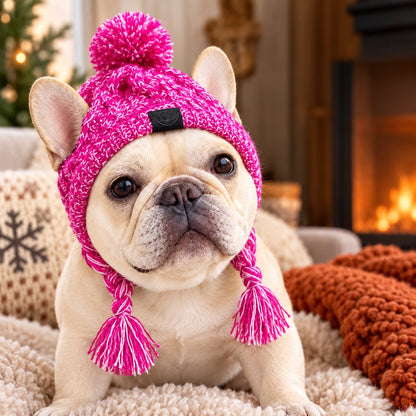 French Bulldog & Pug Winter Knit Hat with Ear Openings for Chilly Walks
