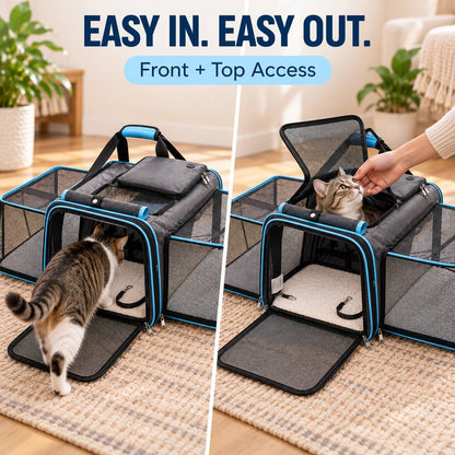 Dual-Sided Expandable Pet Carrier for Cats & Small Dogs - More Room for Road Trips, Vet Visits & Travel