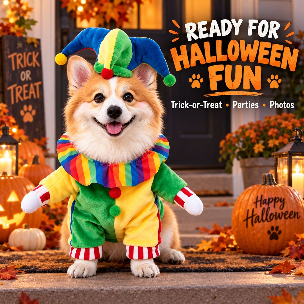 Halloween Jester Clown Dog Costume with Hat & Fake Arms - Funny Photo-Ready Pet Outfit for Trick-or-Treat Parties