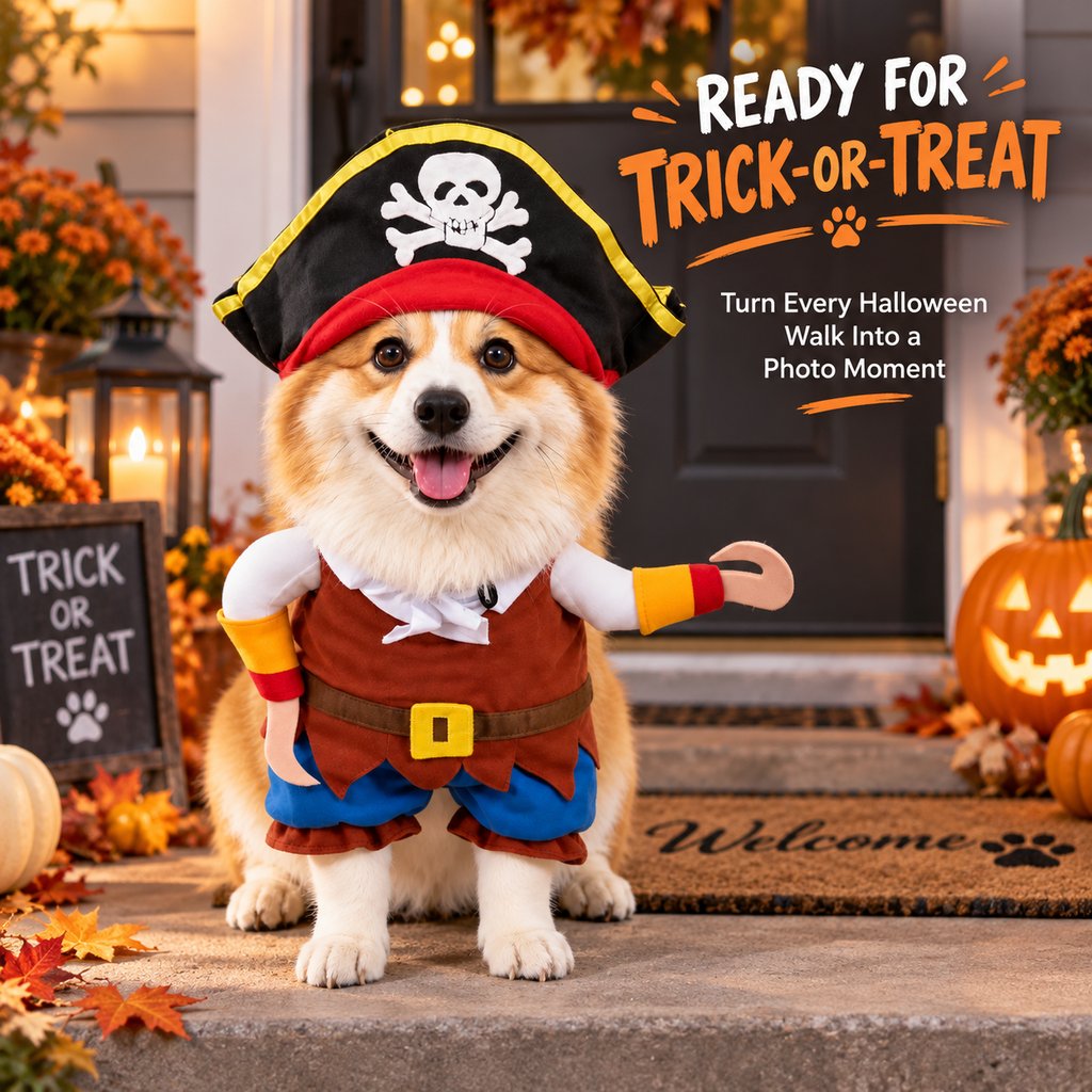 Funny Pirate Dog Costume with Hat & Hook Arms - Complete Halloween Party & Photo Outfit for an Instant 3D Pirate Look
