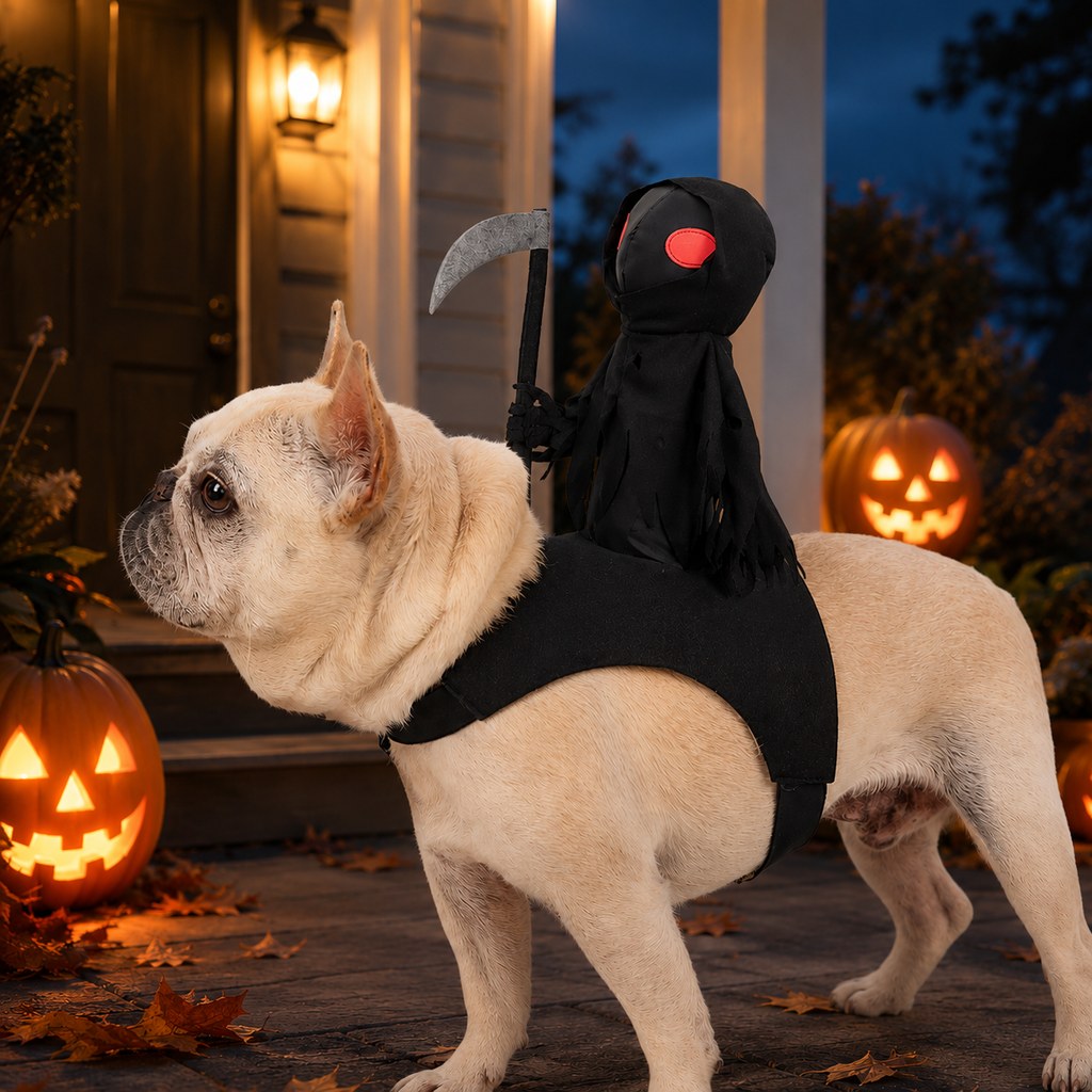 Grim Reaper Rider Pet Costume – Adjustable 3D Halloween Outfit for Trick-or-Treat, Parties & Photos