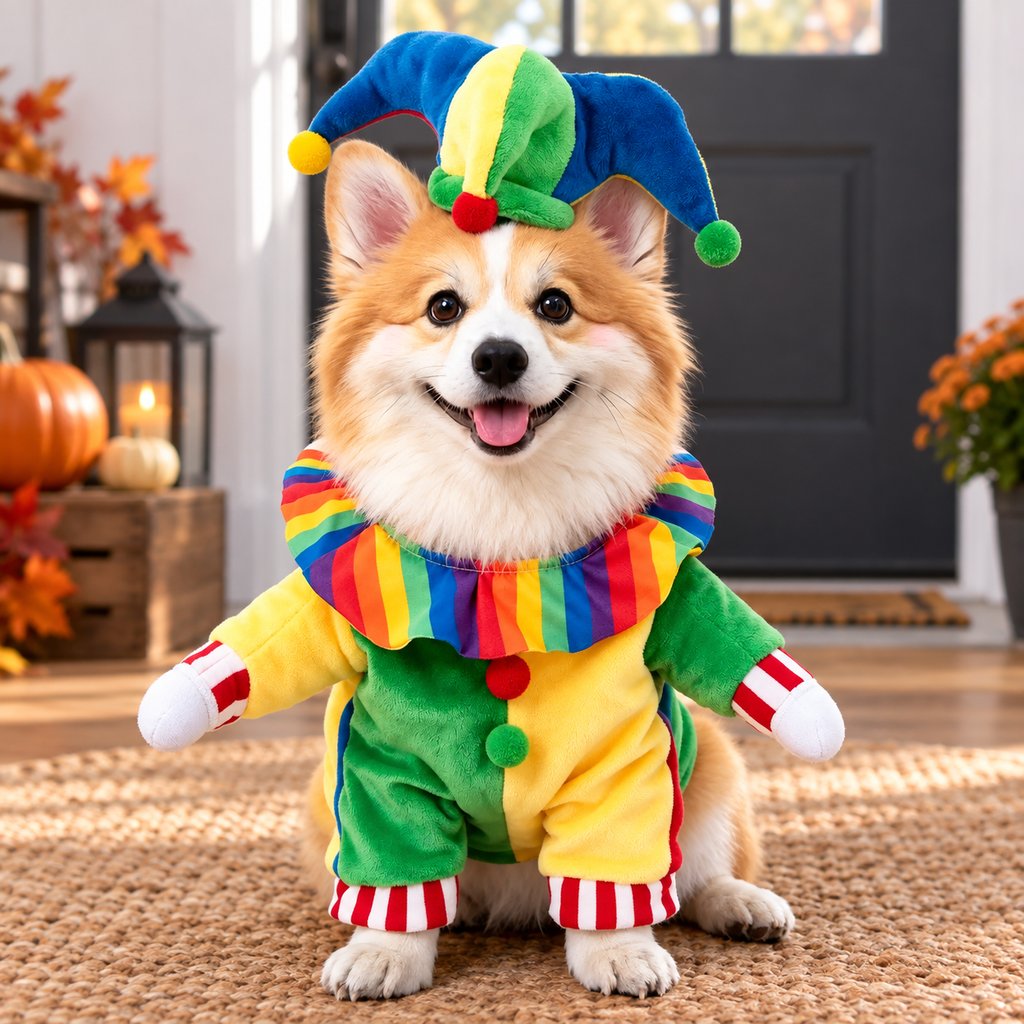 Halloween Jester Clown Dog Costume with Hat & Fake Arms - Funny Photo-Ready Pet Outfit for Trick-or-Treat Parties