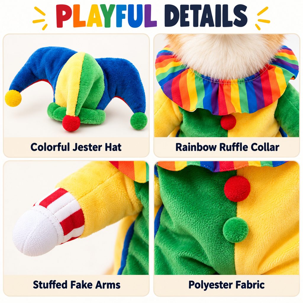 Halloween Jester Clown Dog Costume with Hat & Fake Arms - Funny Photo-Ready Pet Outfit for Trick-or-Treat Parties