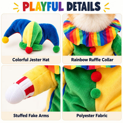 Halloween Jester Clown Dog Costume with Hat & Fake Arms - Funny Photo-Ready Pet Outfit for Trick-or-Treat Parties