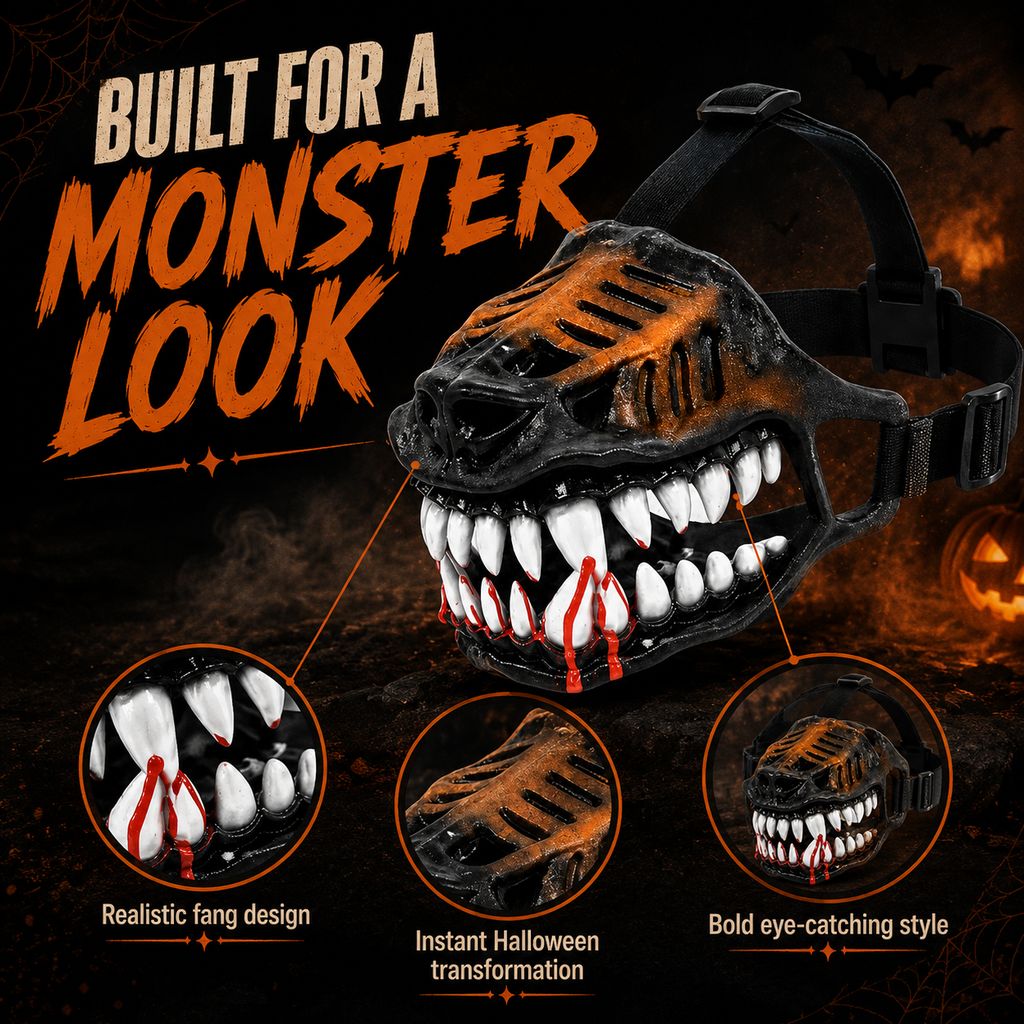 Halloween Monster Dog Muzzle Costume - Adjustable Open-Nose Fang Mask for Parties, Photos & Spooky Walks