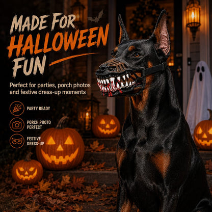 Halloween Monster Dog Muzzle Costume - Adjustable Open-Nose Fang Mask for Parties, Photos & Spooky Walks
