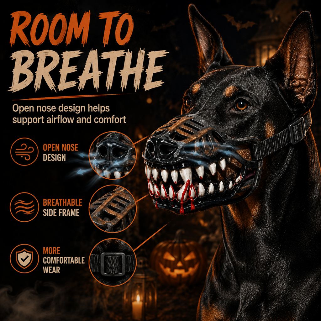 Halloween Monster Dog Muzzle Costume - Adjustable Open-Nose Fang Mask for Parties, Photos & Spooky Walks