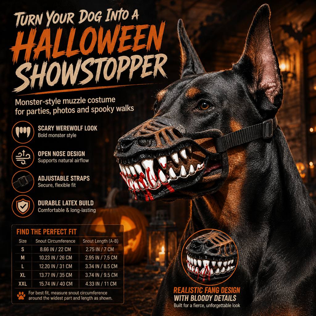 Halloween Monster Dog Muzzle Costume - Adjustable Open-Nose Fang Mask for Parties, Photos & Spooky Walks
