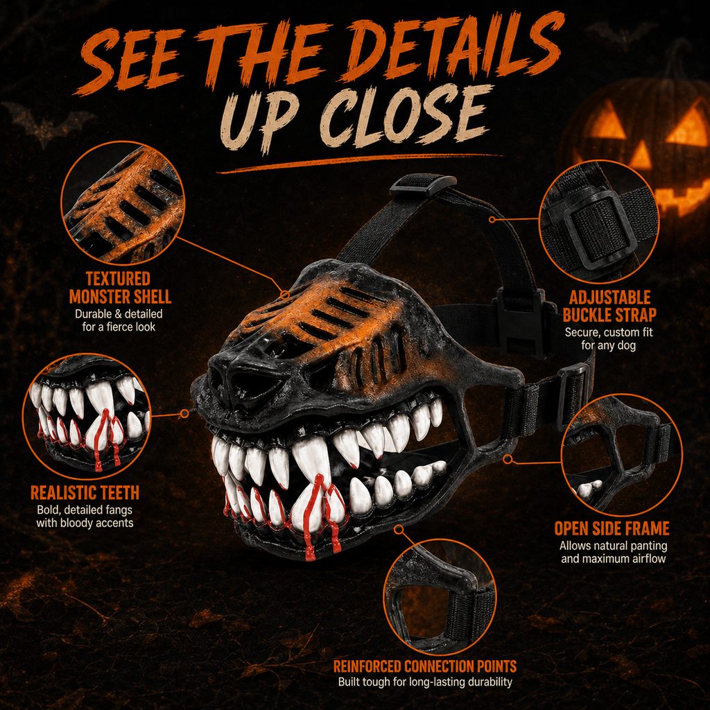 Halloween Monster Dog Muzzle Costume - Adjustable Open-Nose Fang Mask for Parties, Photos & Spooky Walks