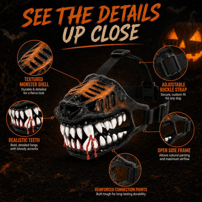 Halloween Monster Dog Muzzle Costume - Adjustable Open-Nose Fang Mask for Parties, Photos & Spooky Walks