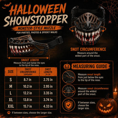 Halloween Monster Dog Muzzle Costume - Adjustable Open-Nose Fang Mask for Parties, Photos & Spooky Walks