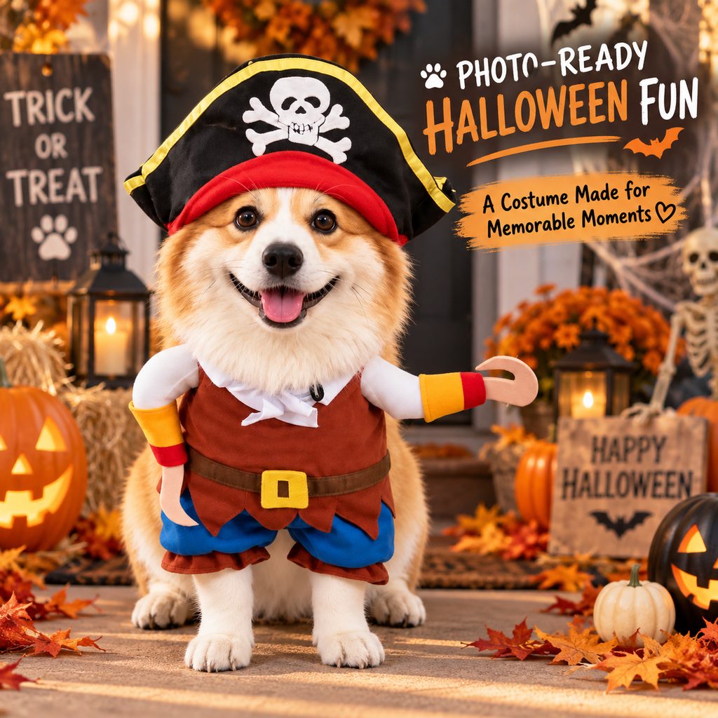 Funny Pirate Dog Costume with Hat & Hook Arms - Complete Halloween Party & Photo Outfit for an Instant 3D Pirate Look