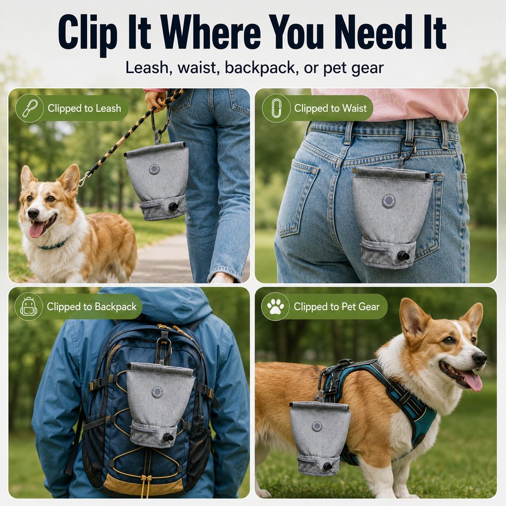Dog Poop Bag Holder for Walks - Carry Used Waste Bags Hands-Free Until the Next Trash Can