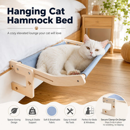 Bedside Hanging Cat Hammock Bed - Space-Saving Elevated Cat Lounge for Beds, Sofas & Windows