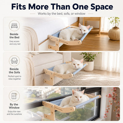 Bedside Hanging Cat Hammock Bed - Space-Saving Elevated Cat Lounge for Beds, Sofas & Windows