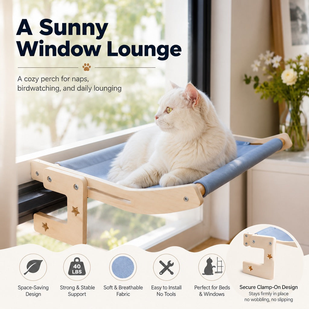 Bedside Hanging Cat Hammock Bed - Space-Saving Elevated Cat Lounge for Beds, Sofas & Windows