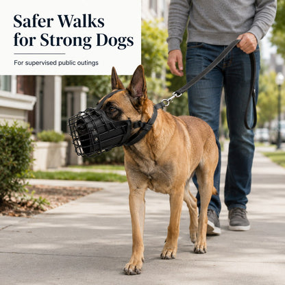 Heavy-Duty Black Steel Basket Dog Muzzle for Large Dogs - Safer Walks, Vet Visits & Anti-Scavenging Control