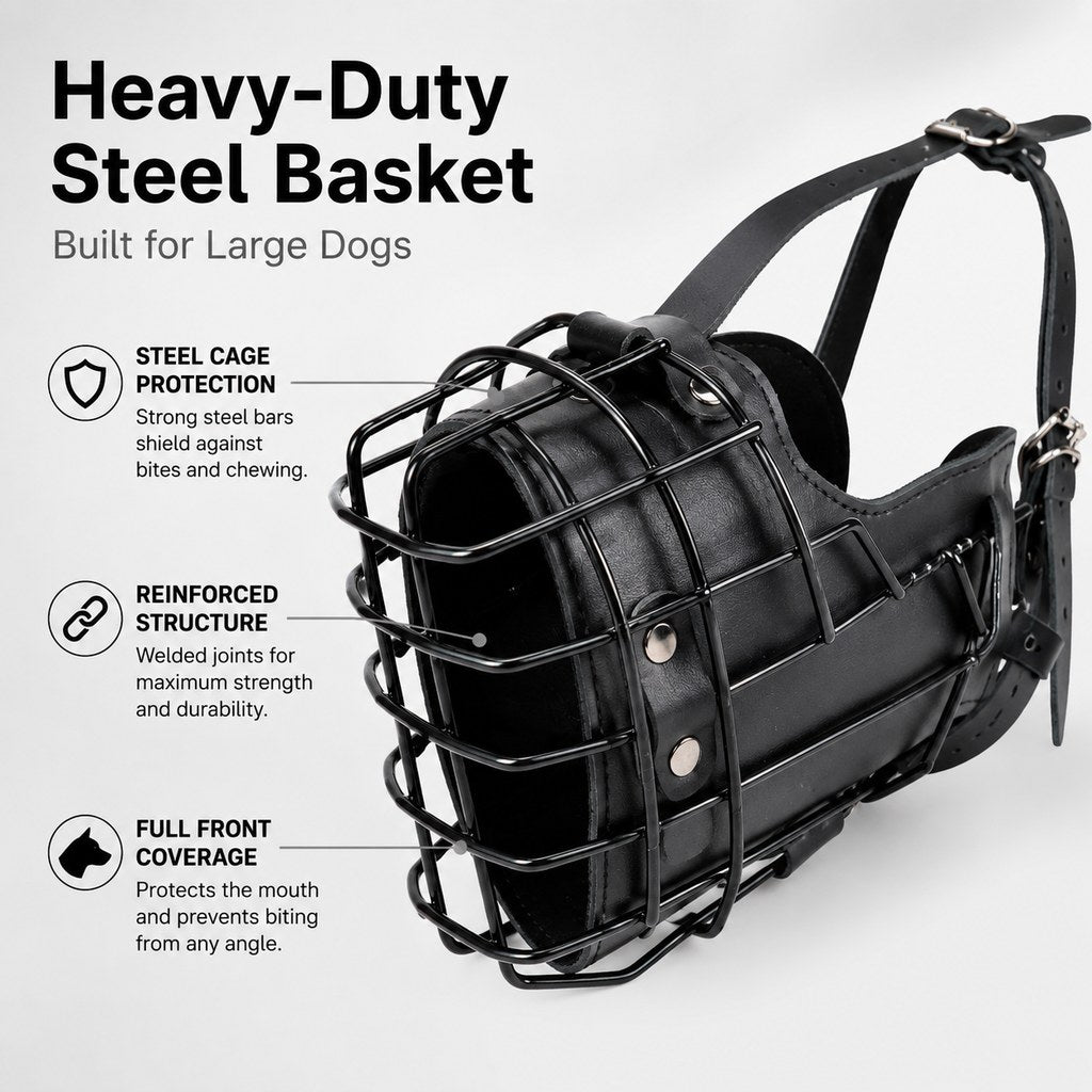 Heavy-Duty Black Steel Basket Dog Muzzle for Large Dogs - Safer Walks, Vet Visits & Anti-Scavenging Control