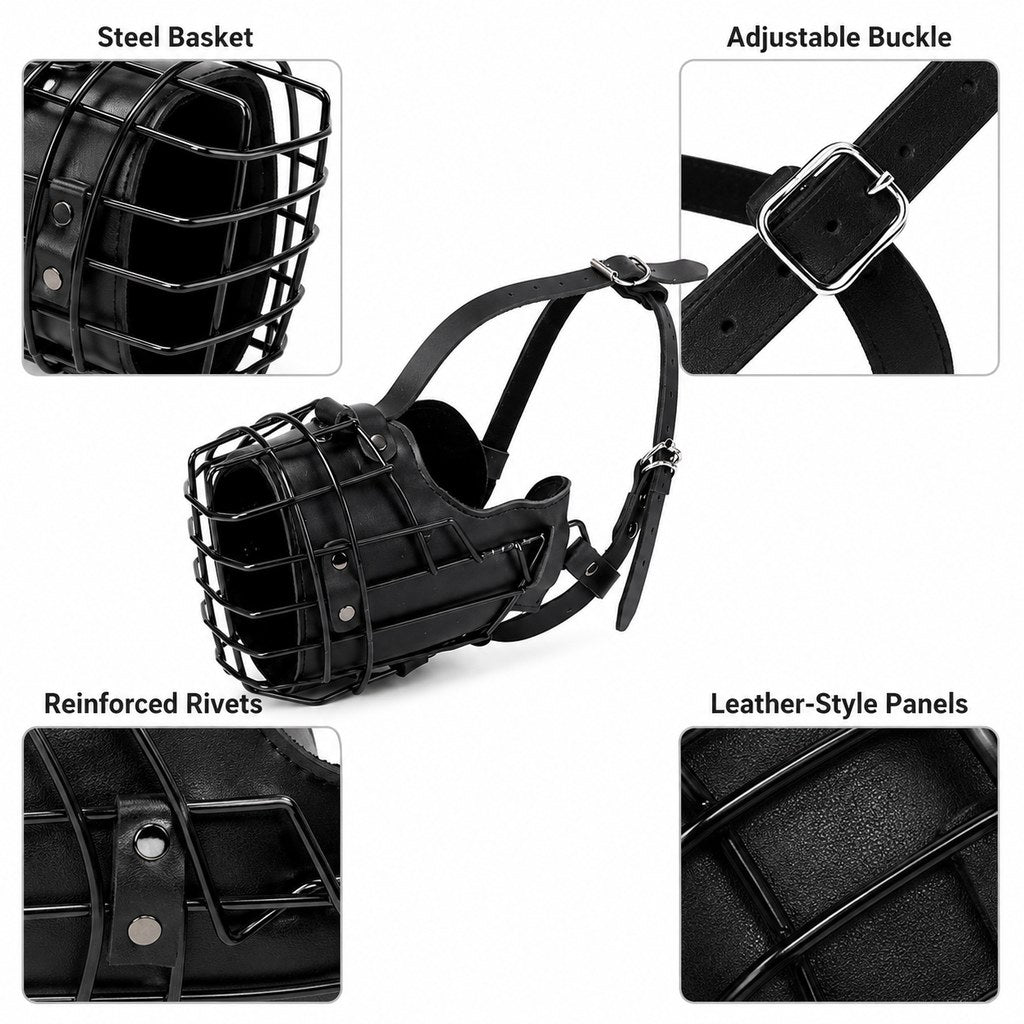 Heavy-Duty Black Steel Basket Dog Muzzle for Large Dogs - Safer Walks, Vet Visits & Anti-Scavenging Control