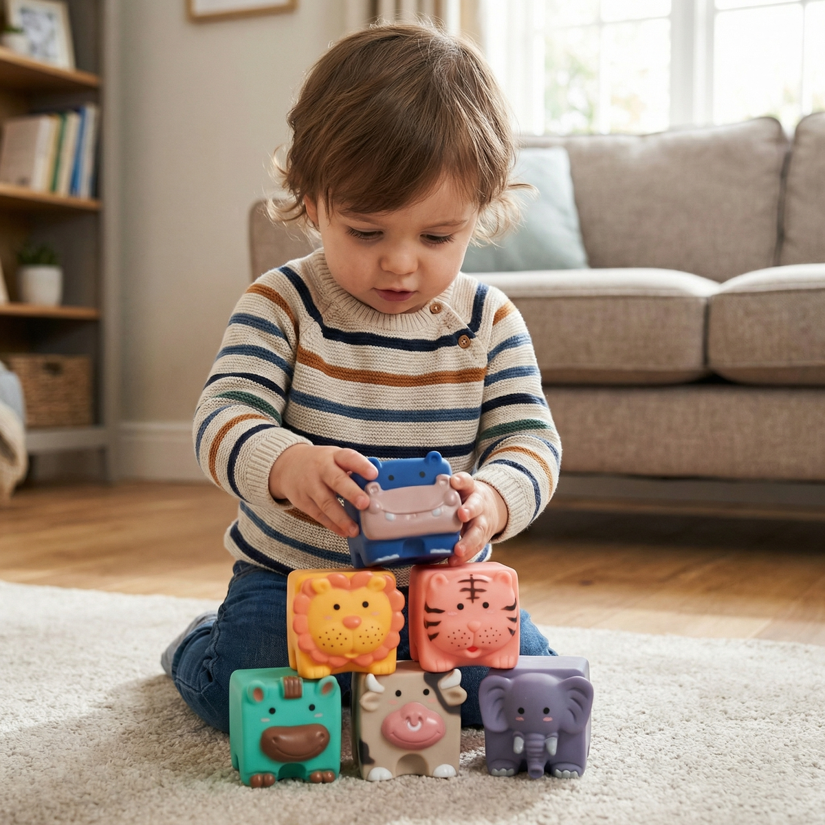 Interactive Soft Sensory Building Blocks Safari Friends Set