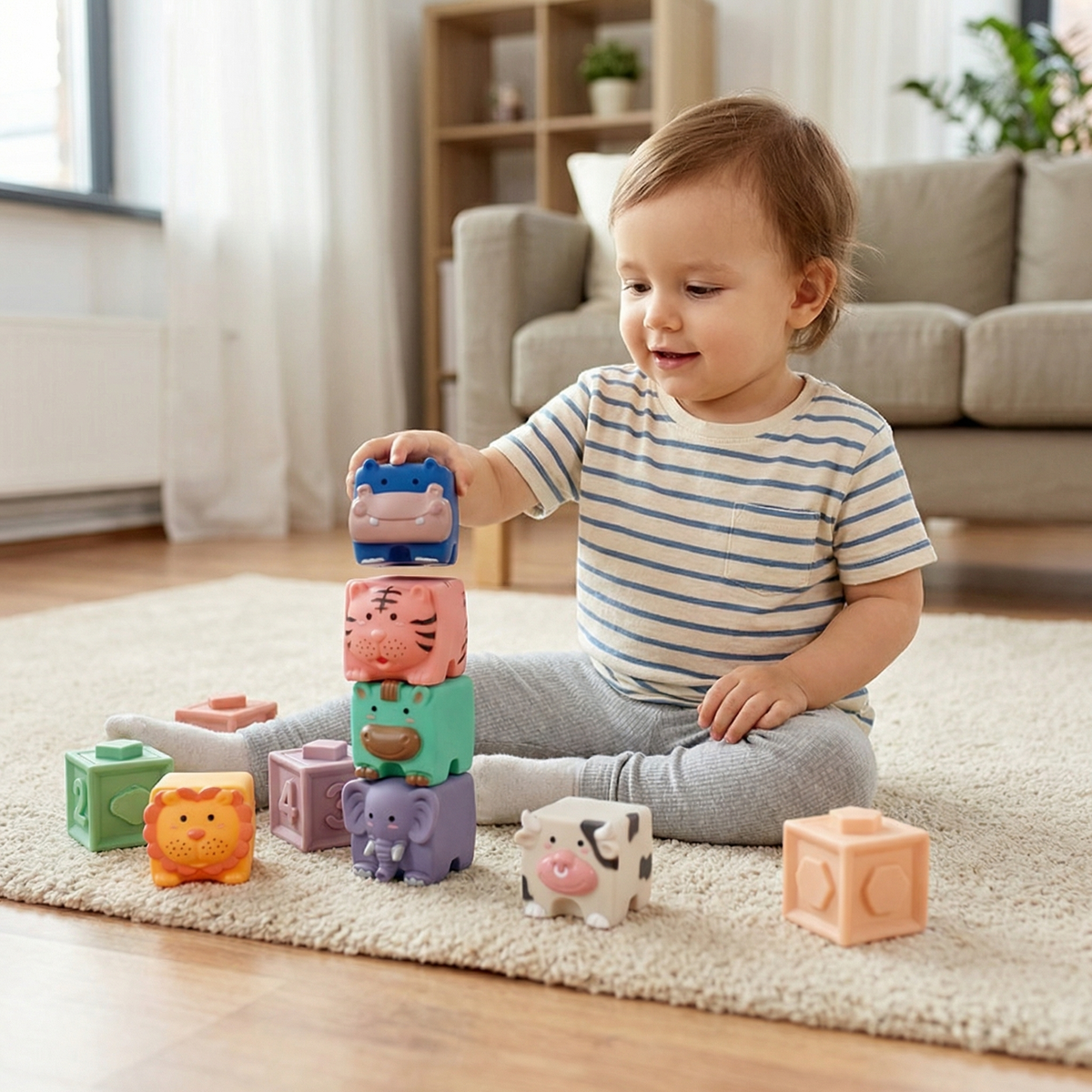 Interactive Soft Sensory Building Blocks Safari Friends Set