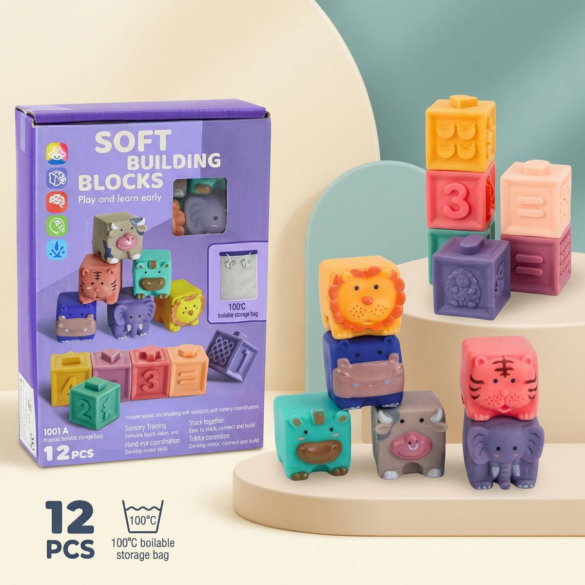 Interactive Soft Sensory Building Blocks Safari Friends Set