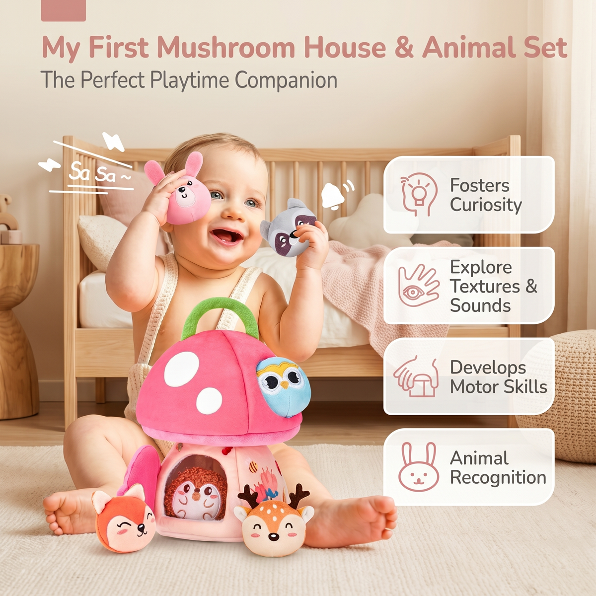 Interactive Plush Mushroom House Toy with Jungle Animals