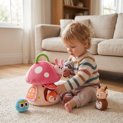 Interactive Plush Mushroom House Toy with Jungle Animals