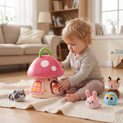Interactive Plush Mushroom House Toy with Jungle Animals