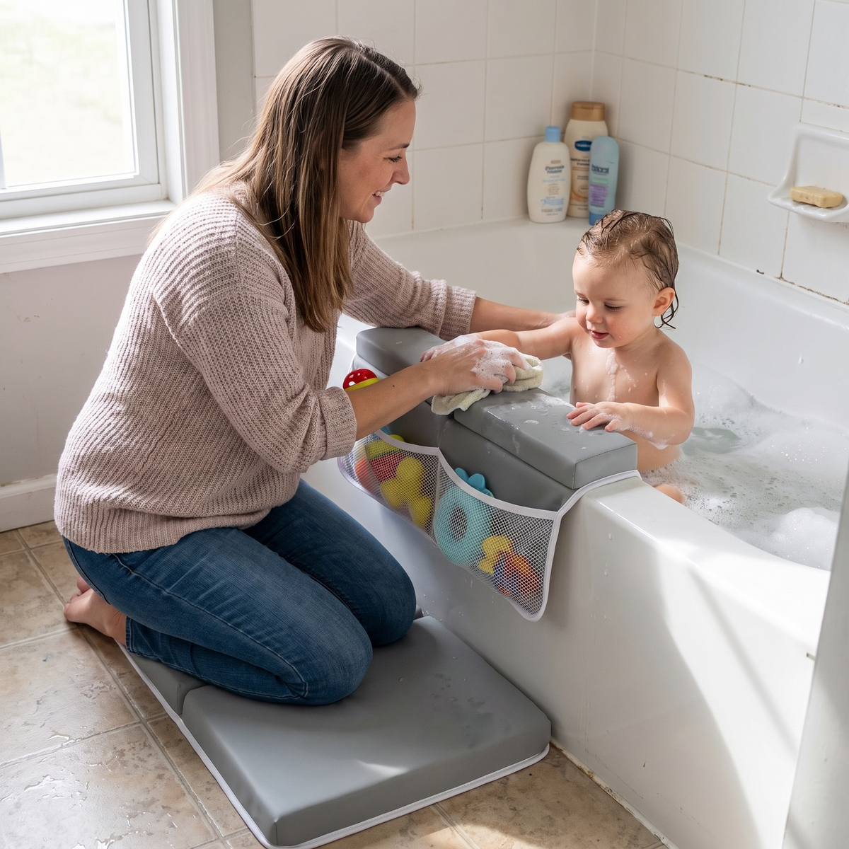 Interactive Baby Bath Knee Pad with Toy Organiser