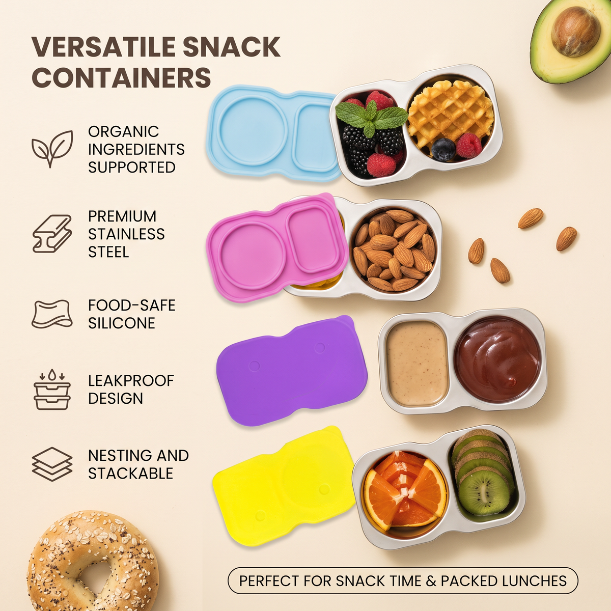 Stainless Steel Food Containers & Silicone Lids (2-Pack)
