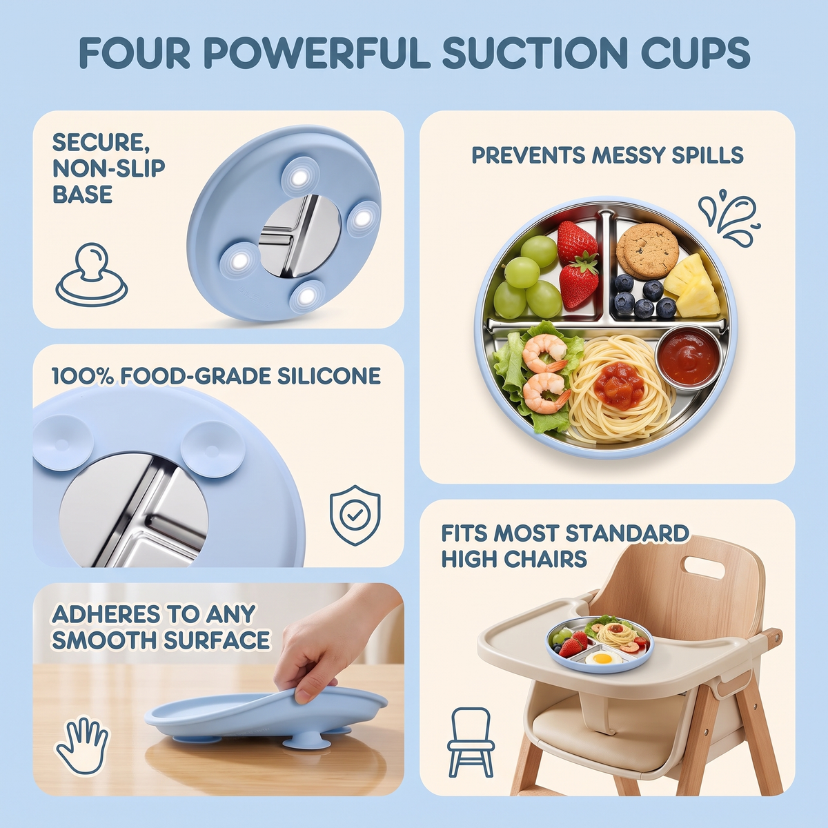 Stainless Steel Toddler Plate & Suction Base (3-Pack)