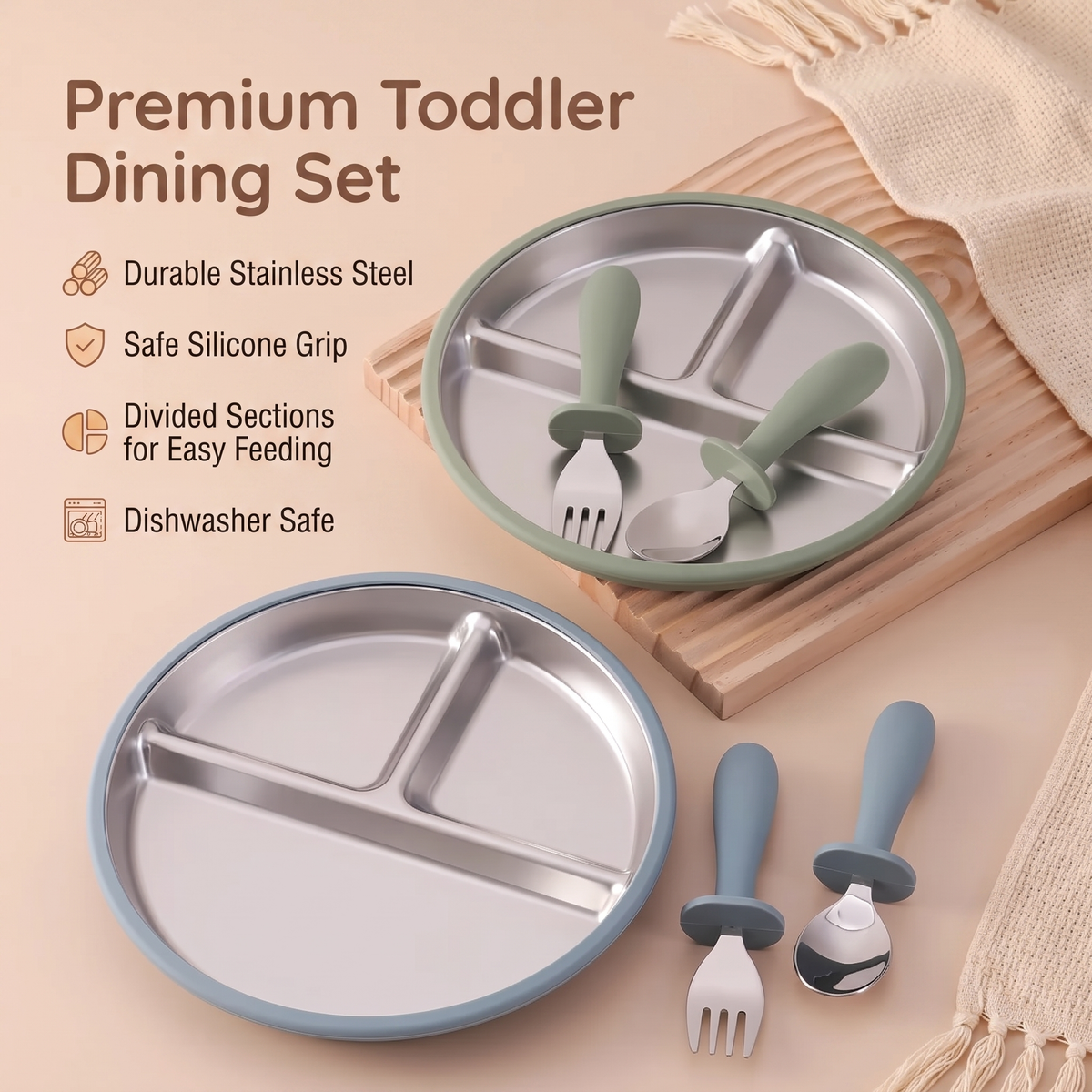 Stainless Steel Toddler Plate & Suction Base (3-Pack)