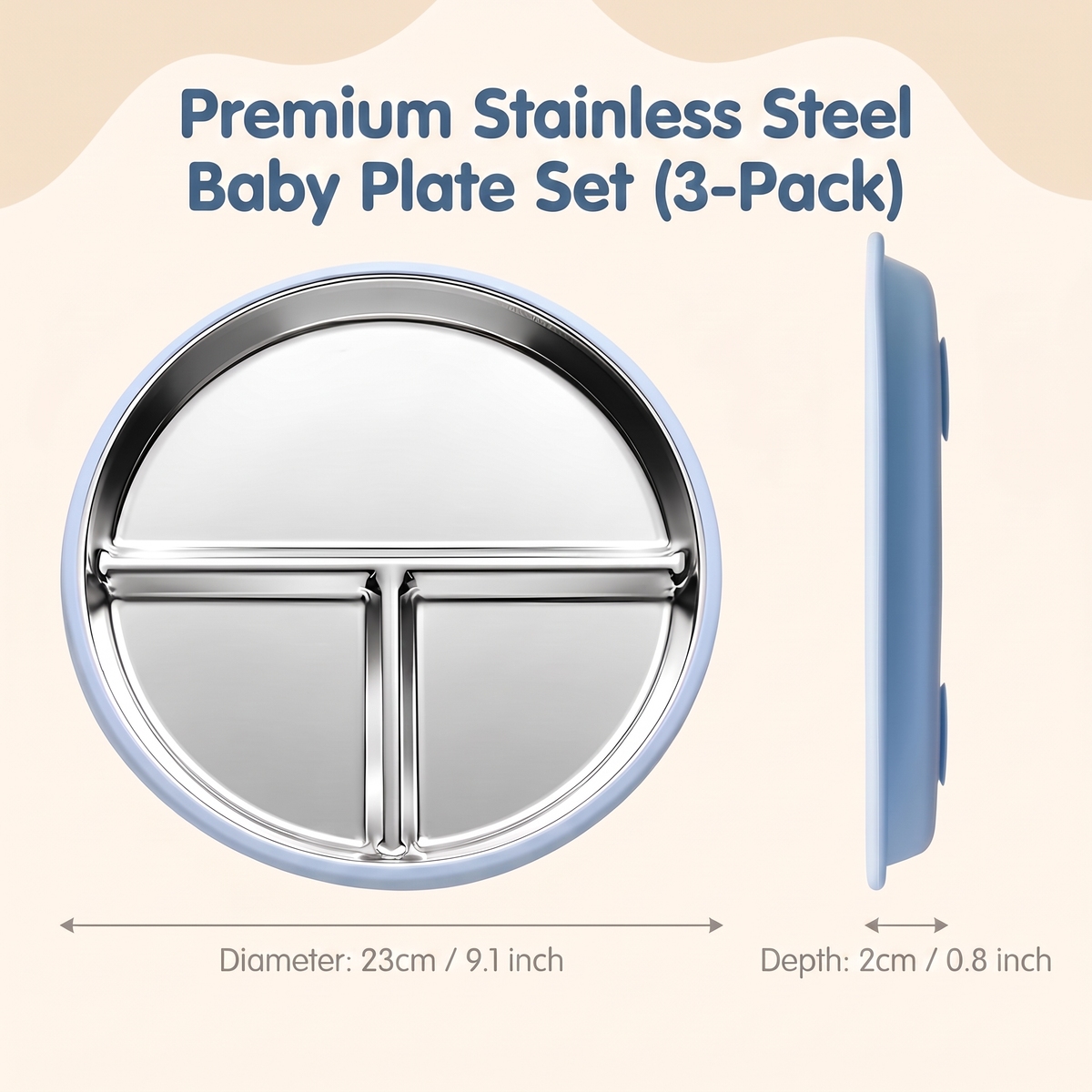 Stainless Steel Toddler Plate & Suction Base (3-Pack)