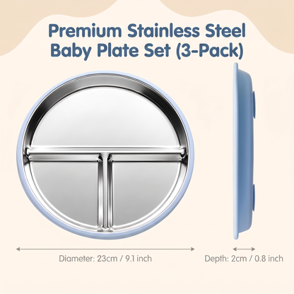 Stainless Steel Toddler Plate & Suction Base (3-Pack)