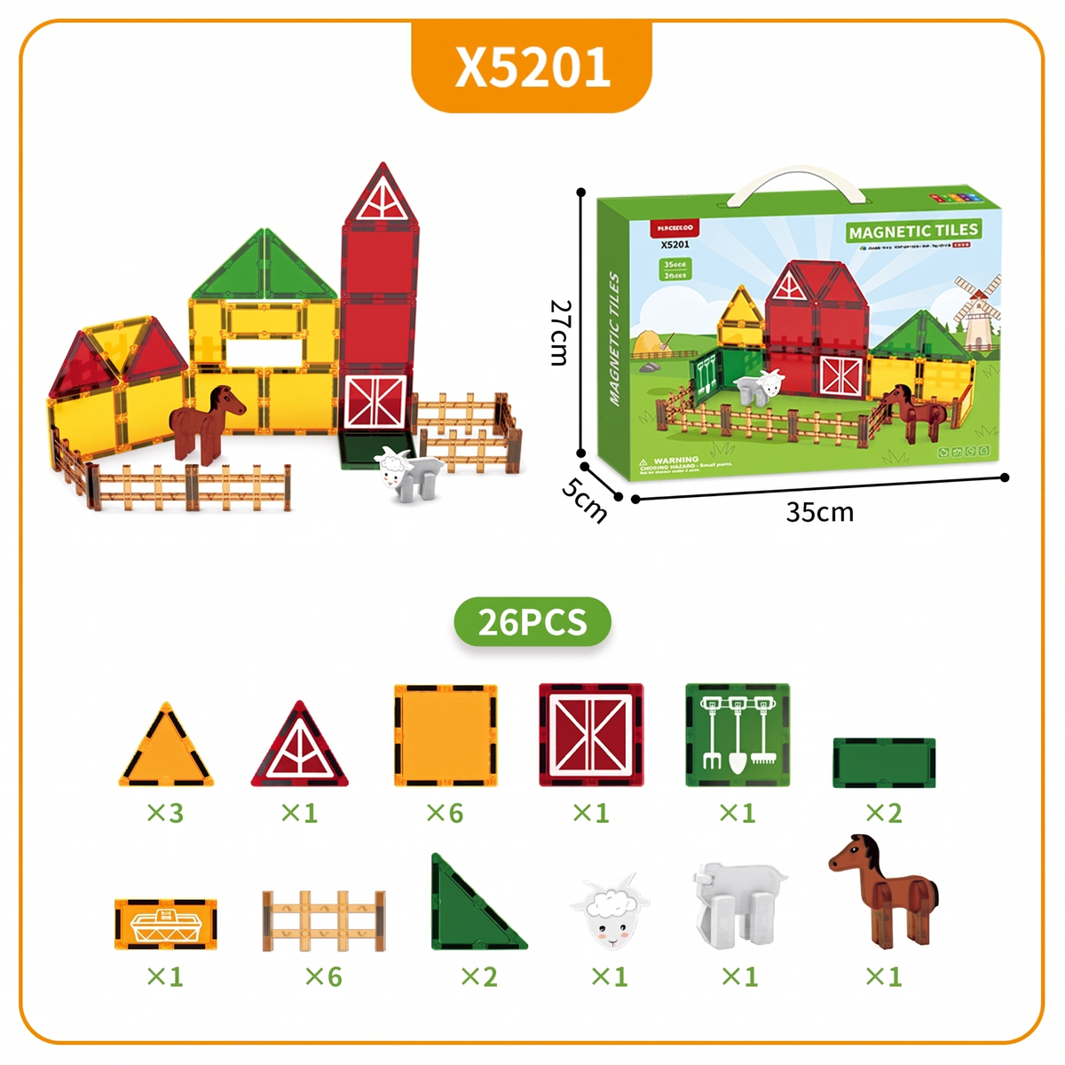 Magnetic Farm Building Tiles for Kids, 26-Piece Set