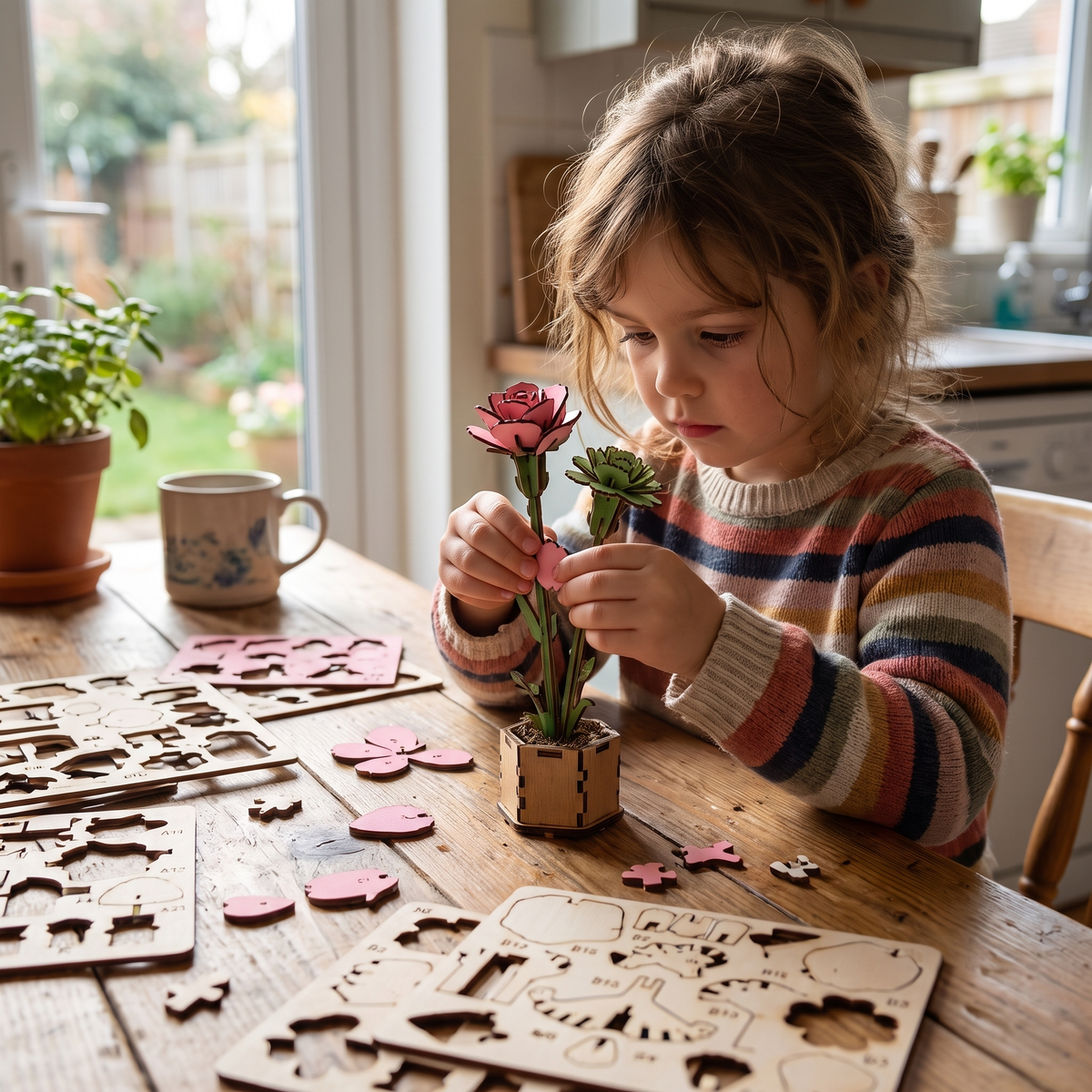 Interactive 3D Wooden Flower & Plant Puzzle Building Kit
