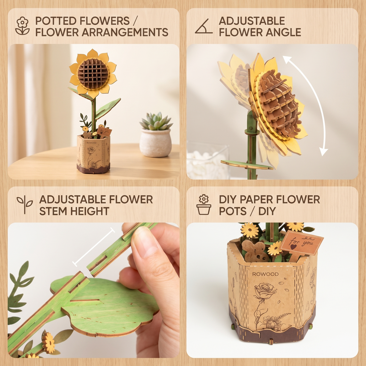 Interactive 3D Wooden Flower & Plant Puzzle Building Kit
