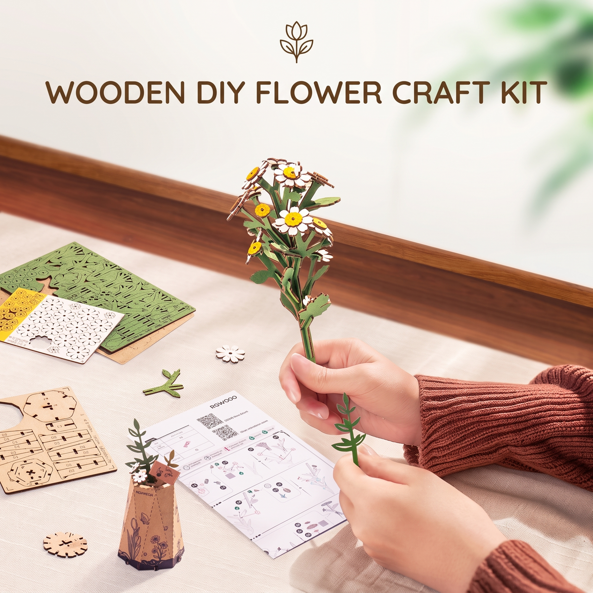 Interactive 3D Wooden Flower & Plant Puzzle Building Kit