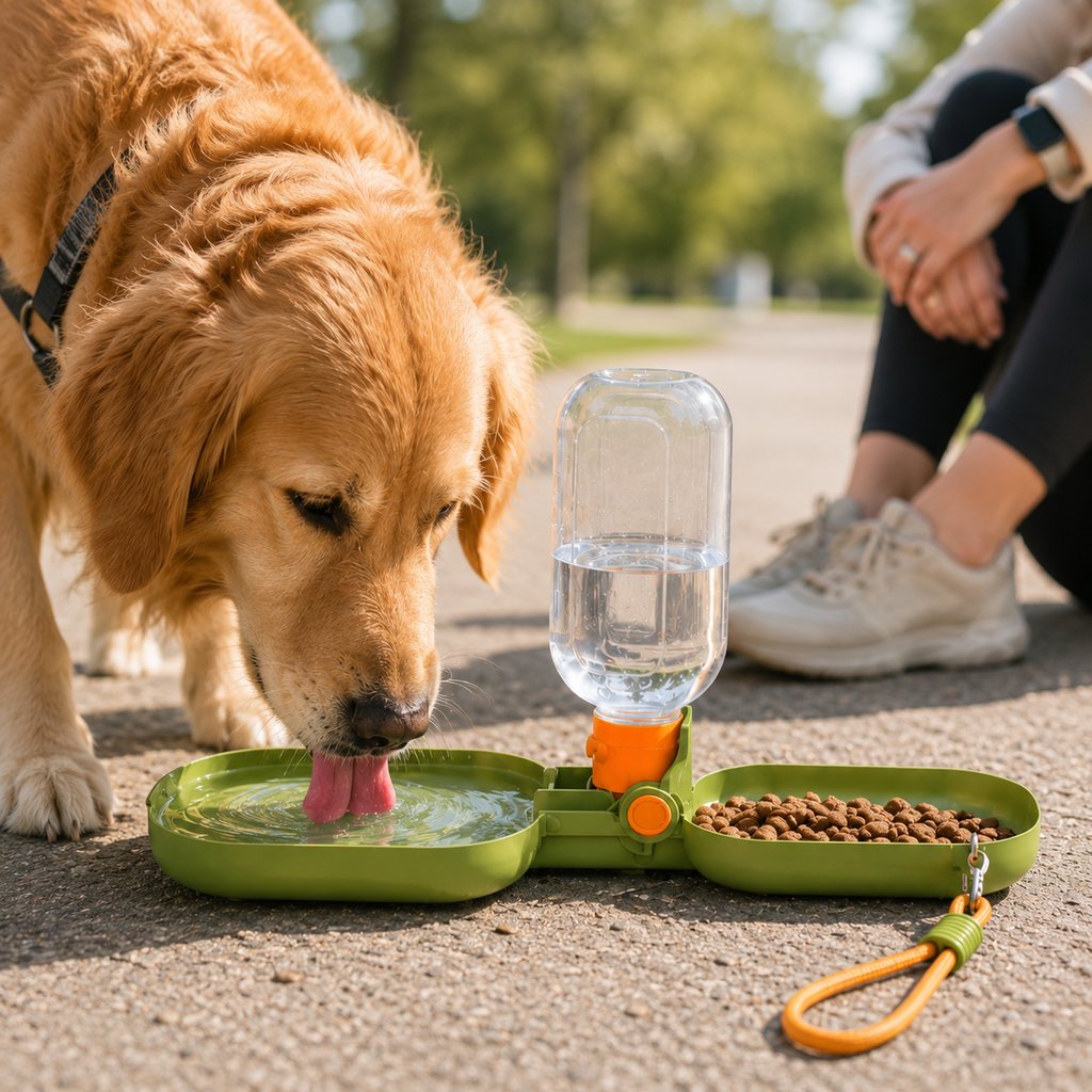 Portable Folding Pet Water & Food Cup for Walks & Hiking - 15.6 oz Leak-Resistant Dog & Cat Travel Bottle Bowl