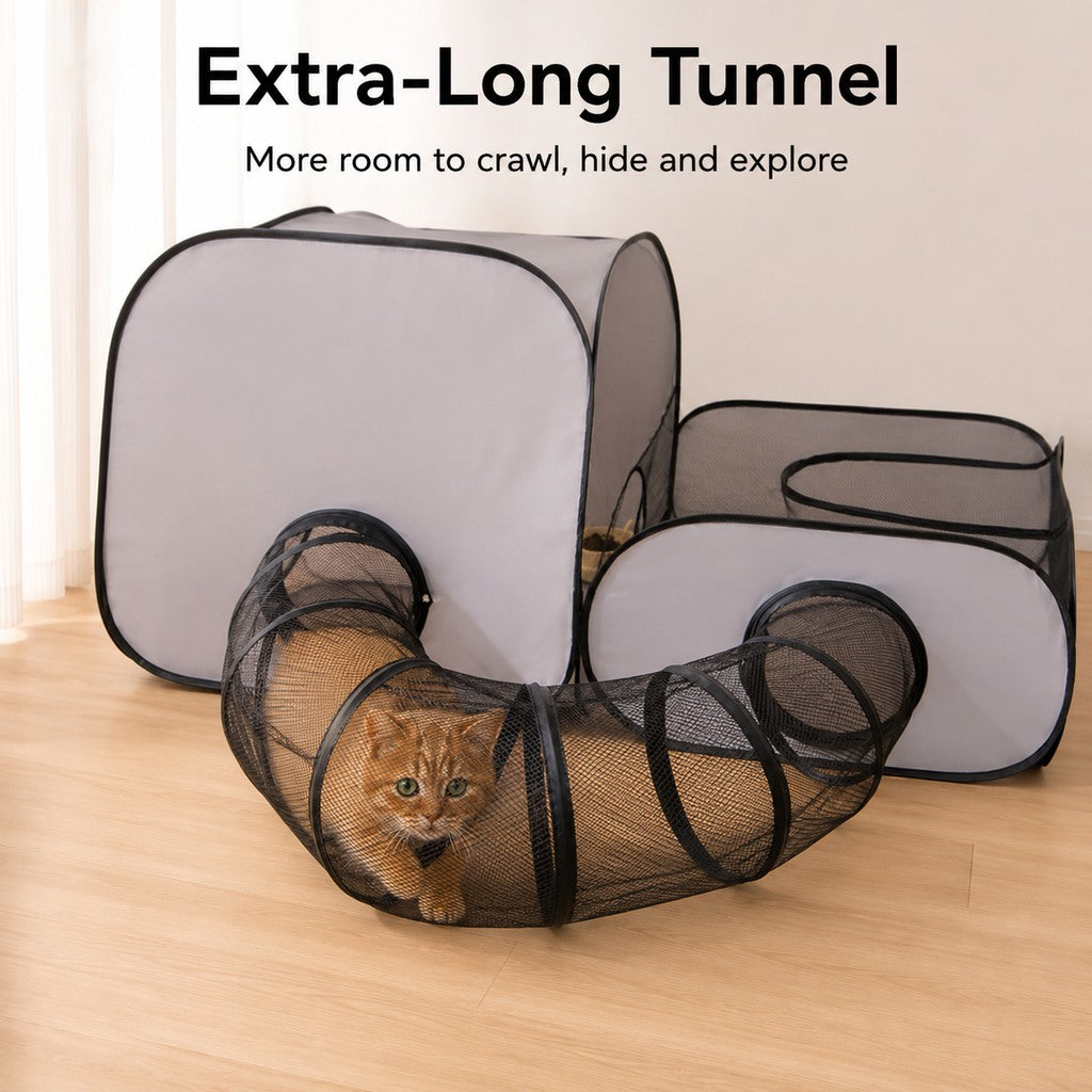 Indoor Cat Playpen with Tunnel & Resting Tent for Safe Home Play - 3-Zone Enclosure for Cats & Kittens