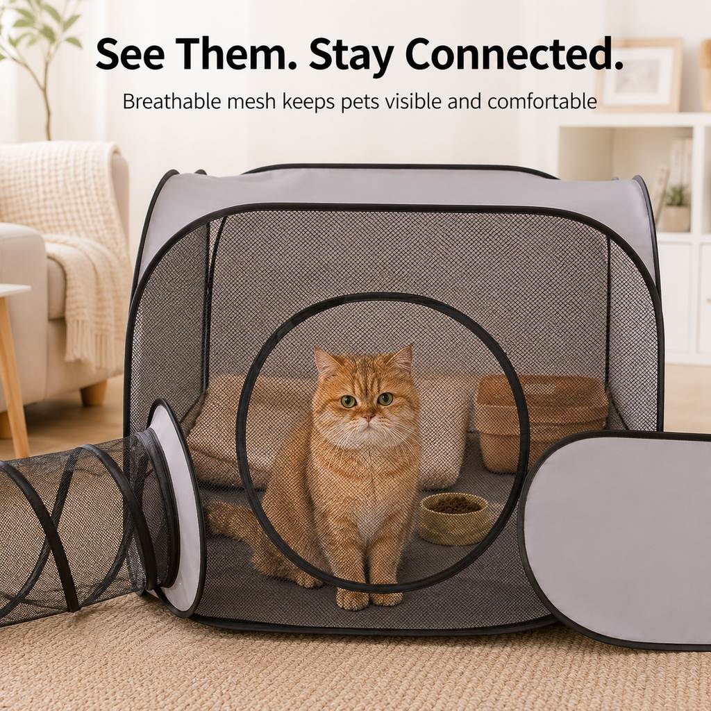 Indoor Cat Playpen with Tunnel & Resting Tent for Safe Home Play - 3-Zone Enclosure for Cats & Kittens